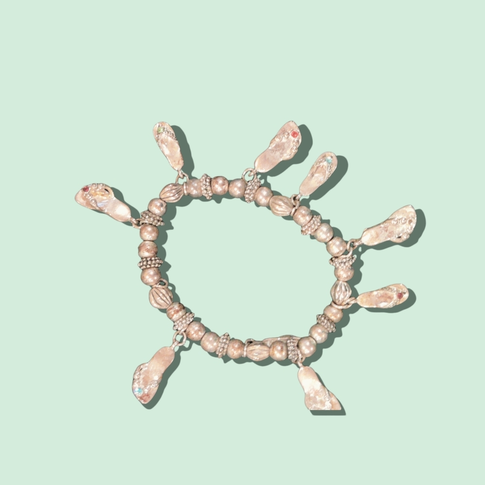 Silvertone flipflops charm stretch bracelet with birthstones
